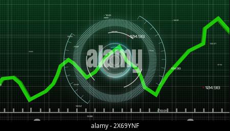 Image of neon round scanner and statistical data processing against green background Stock Photo