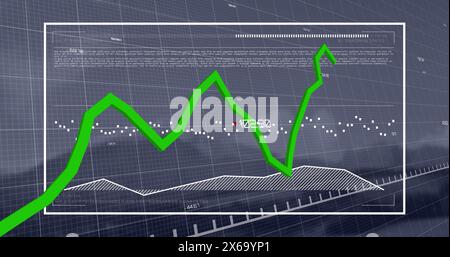 Image of green line and financial data processing over grid Stock Photo
