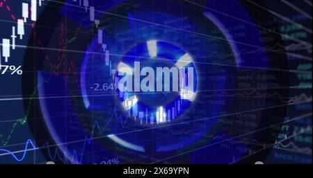 Image of financial and stock market data processing against spinning round scanner Stock Photo