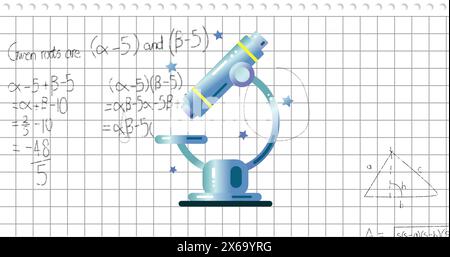 Image of mathematical equations over telescope icon against square lined paper background Stock Photo