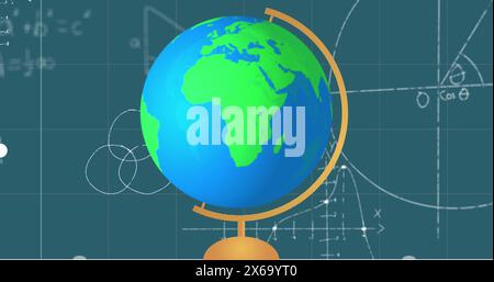 Image of globe model icon and mathematical equations on grid network against blue background Stock Photo