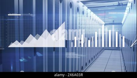 Image of multiple graphs and computer language moving over data server systems Stock Photo