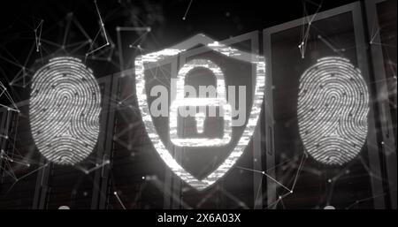 Image of fingerprints and padlock in shield over connected dots against server racks Stock Photo