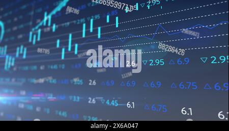 Image of changing numbers over statistical and stock market data processing on blue background Stock Photo