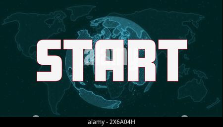 Image of start text banner over spinning globe and world map against green background Stock Photo