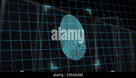 Image of fingerprint and padlock in shield with server racks over space in background Stock Photo