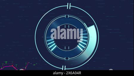 Image of financial data processing over round scanner against blue background Stock Photo