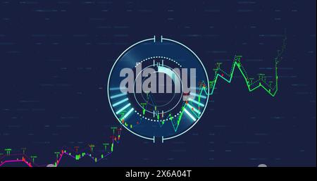 Image of financial data processing over round scanner against blue background Stock Photo