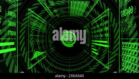 Image of loading circles and bars with changing numbers over circular tunnel on black background Stock Photo