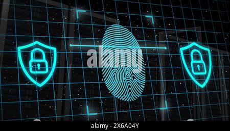 Image of fingerprint and padlock in shield with server racks over space in background Stock Photo