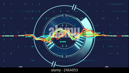 Image of data processing over round scanner against blue background Stock Photo