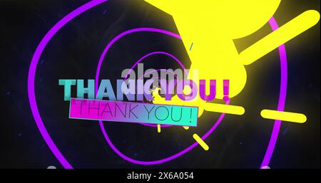 Image of thank you text banner over neon purple tunnel in seamless pattern on black background Stock Photo