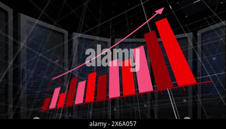 Image of arrow on graph over grid pattern over server system racks in background Stock Photo