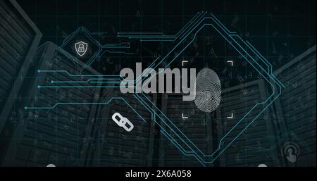Image of scanning fingerprint, padlock, numbers, letters and connected dots over server racks Stock Photo