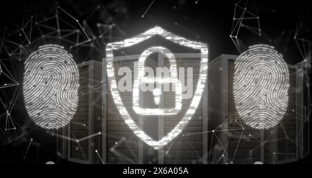 Image of padlock in shield, fingerprints and connected dots over server system rack Stock Photo
