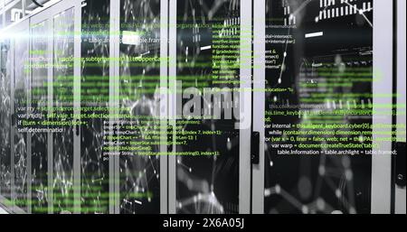 Image of computer languages and illuminated connected dots moving on data server systems Stock Photo