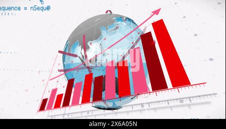 Image of arrow on graph with globe and computer language over white background Stock Photo