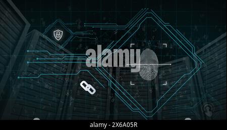 Image of scanning fingerprint, padlock, numbers, letters and connected dots over server racks Stock Photo