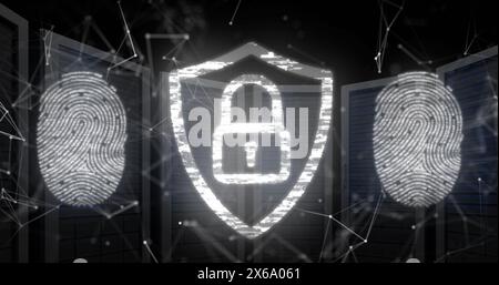 Image of fingerprints and padlock in shield over connected dots against server racks Stock Photo