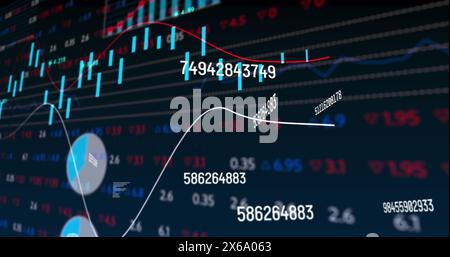 Image of changing numbers over statistical and stock market data processing on blue background Stock Photo