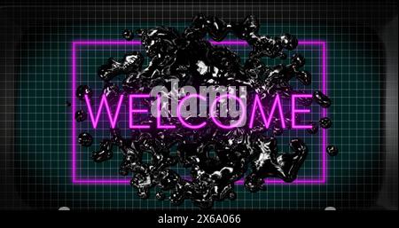 Image of neon purple welcome text banner over liquid shape floating against green background Stock Photo