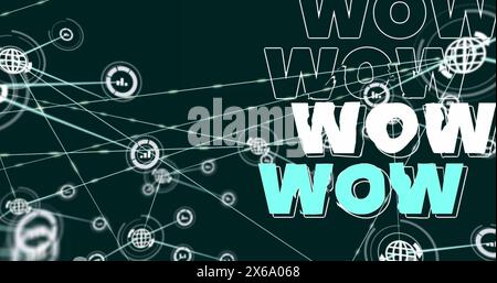 Image of network of digital icons over wow text banner against green background Stock Photo