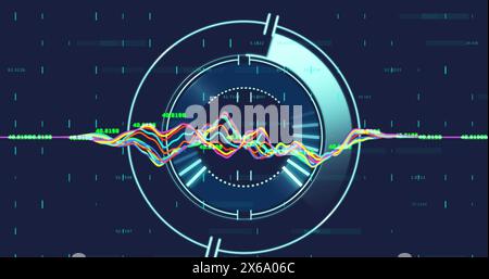 Image of data processing over round scanner against blue background Stock Photo