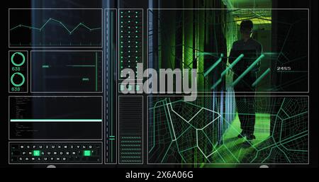 Image of hud screens with map, graphs, codes, asian engineer with laptop checking server racks Stock Photo