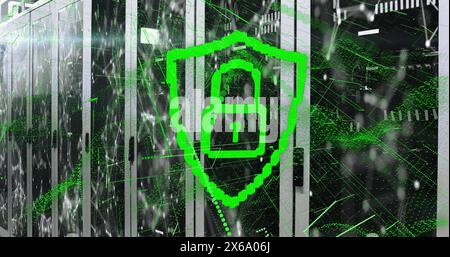 Image of padlock with connected dots and abstract patterns over data server systems Stock Photo