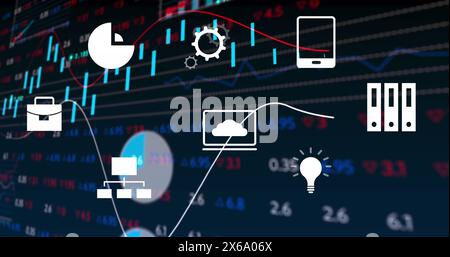 Image of digital icons over statistical and stock market data processing against blue background Stock Photo