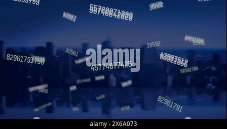 Image of multiple changing numbers against aerial view of cityscape Stock Photo