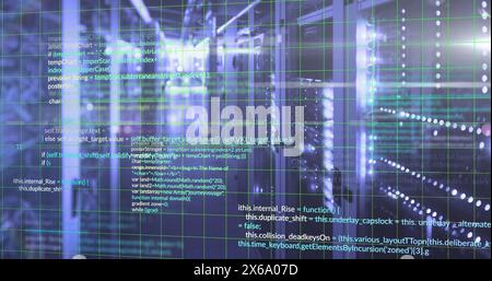 Image of programming languages and grid moving over data server rooms Stock Photo