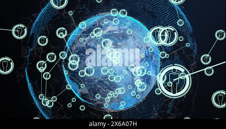 Image of connected icons over connected dots around globe against black background Stock Photo
