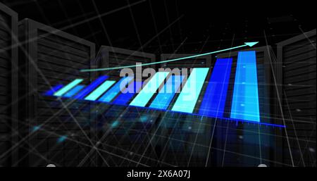 Image of arrow on graph over grid pattern over server system racks in background Stock Photo