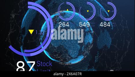 Image of loading circles with changing numbers over connected dots around globe Stock Photo
