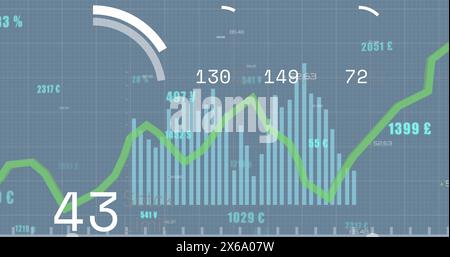 Image of changing numbers with loading circles over graphs against blue background Stock Photo