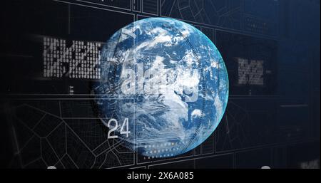 Image of binary codes, changing numbers, loading circles and navigation pattern over globe Stock Photo