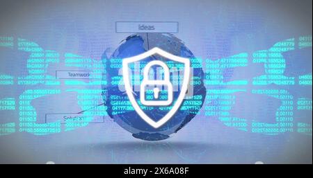 Image of padlock in shield, blockchain over texts around globe over abstract background Stock Photo