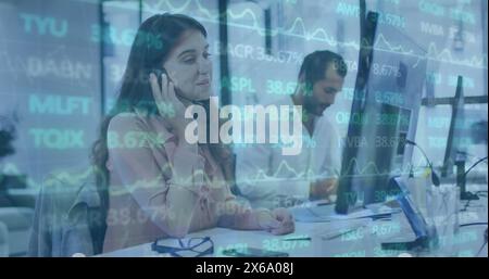 Image of trading board over caucasian female customer representative talking with customer Stock Photo