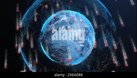 Image of glitched falling binary codes over connected dots around globe on black background Stock Photo