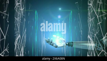 Robot hand reaching for glowing blue light, encircled by digital lines Stock Photo