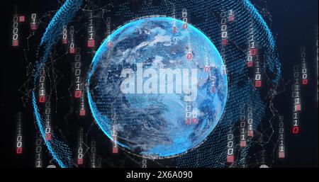Image of glitched falling binary codes over connected dots around globe on black background Stock Photo