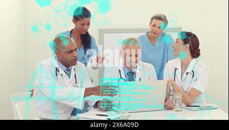 Image of molecule structures and computer language, diverse doctors discussing patient reports Stock Photo