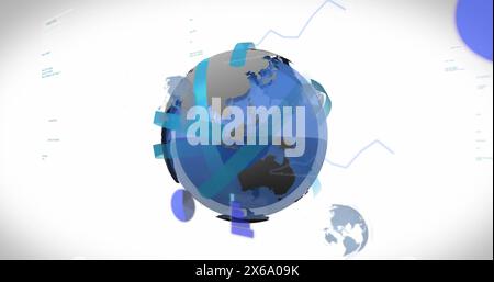Image of multiple rotating globes, computer language and graphs over white background Stock Photo