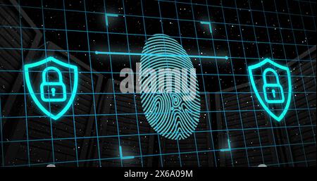 Image of padlock in shields, scanning fingerprint over low angle view of server racks Stock Photo
