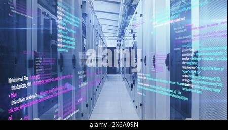 Image of computer programming languages moving over data server systems Stock Photo