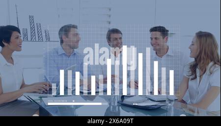 Image of graph and loading bar over diverse coworkers discussing and shaking hands in office Stock Photo