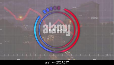 Image of changing numbers in loading speedometer, graphs, time-lapse of moving vehicles in city Stock Photo
