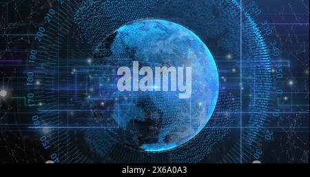 Image of numbers around circles and lines over connected dots around globe Stock Photo