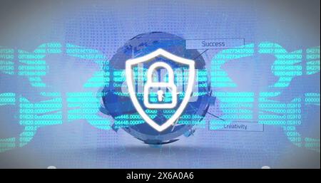 Image of padlock in shield, blockchain over texts around globe over abstract background Stock Photo